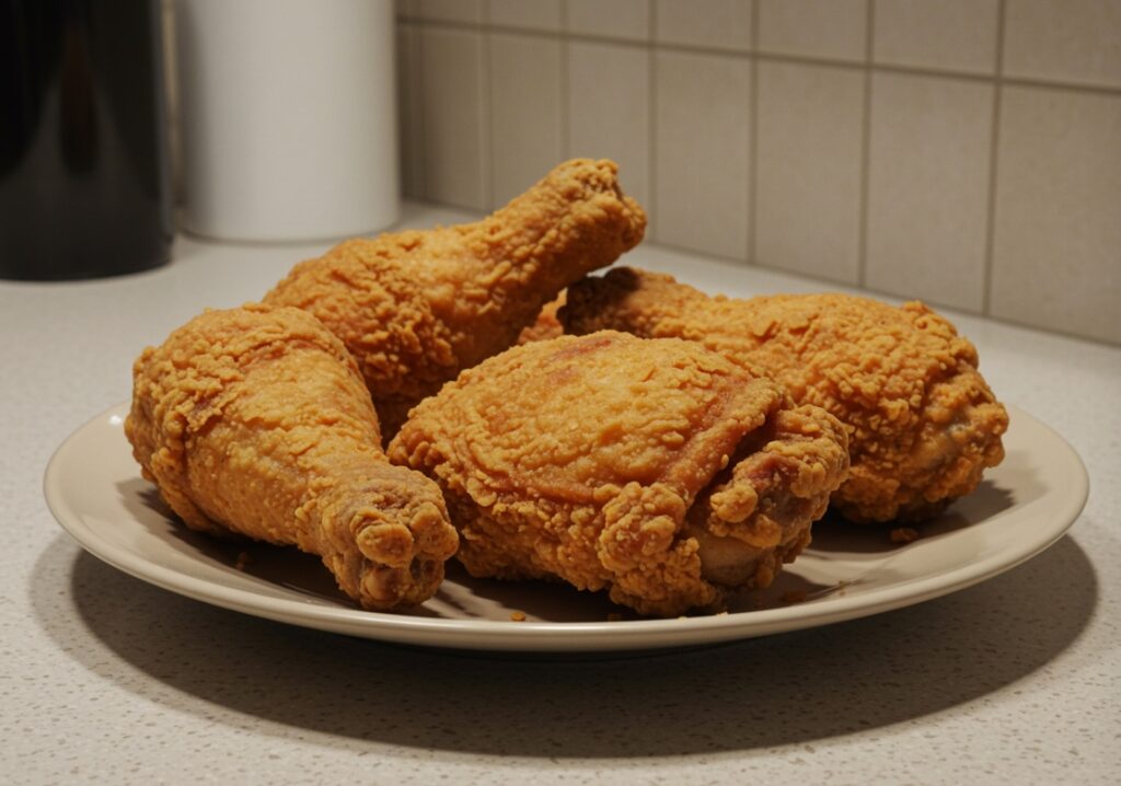 냉장고에서 꺼낸 치킨 조각들을 접시에 담아 실온에 잠시 둔 모습