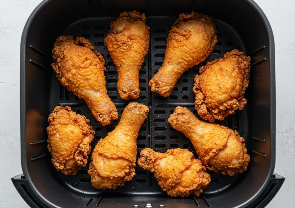 에어프라이어 바스켓 안에 치킨 조각들이 서로 닿지 않게 한 겹으로 놓여 있는 모습