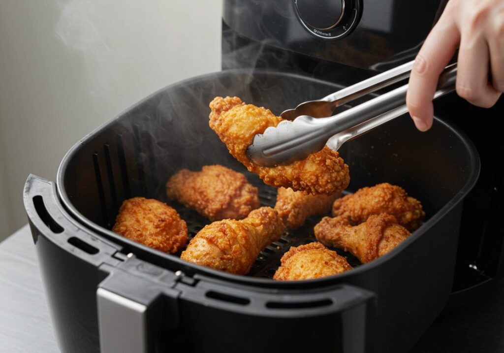 에어프라이어 바스켓을 열고 집게로 치킨 조각을 뒤집는 모습